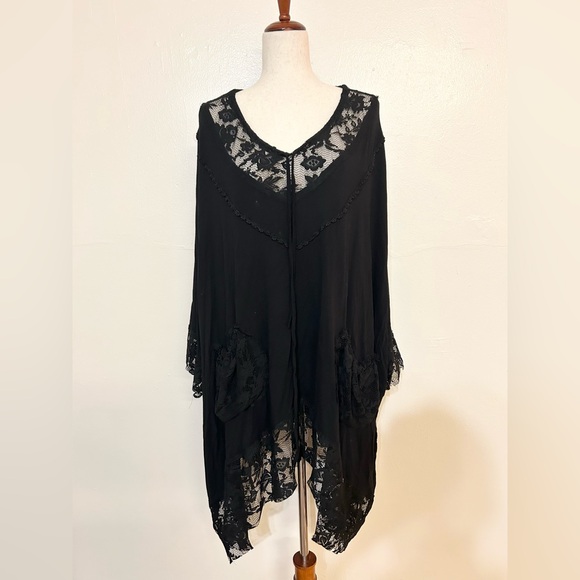 PARMI Tops - PARMI Black Knit Lace Trim Adjustable Neckline Blouse Dress